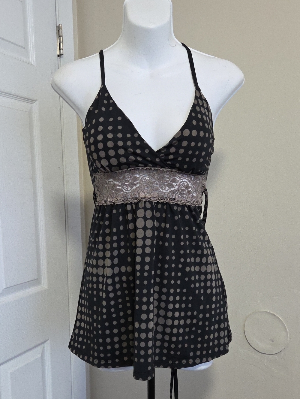 Seductions Polka Dot Tie-Back Mini Dress in Black and Gray